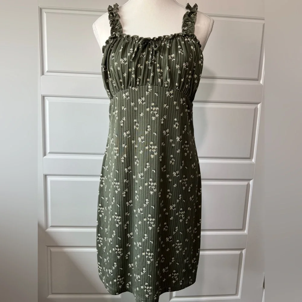 Lily Bleu Floral Print Dress Ruffle Strap Sleeveless Casual Sundress Olive Green